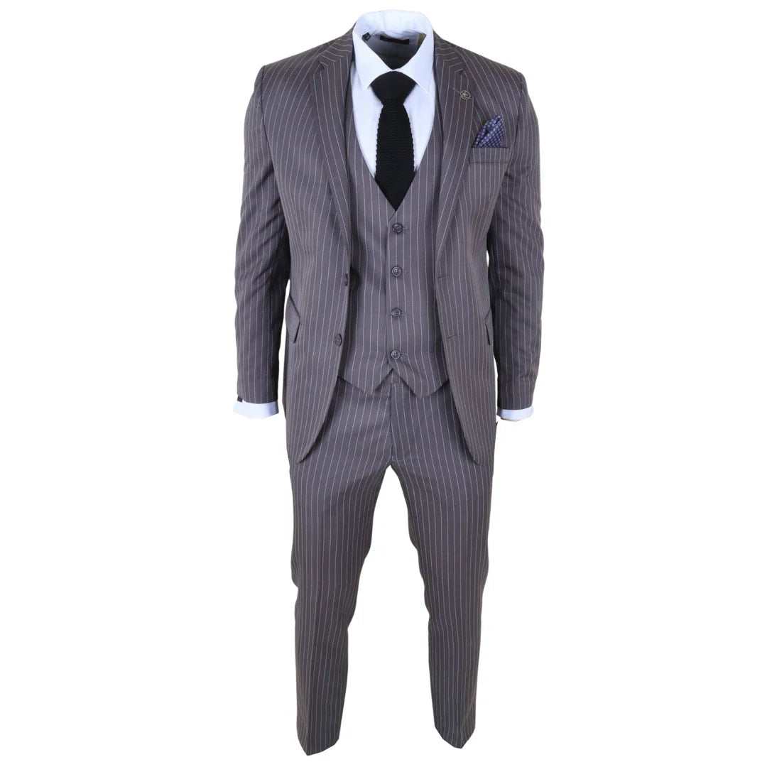 IM44 - Men's Pinstripe 3 Piece Grey Suit Shelby Style