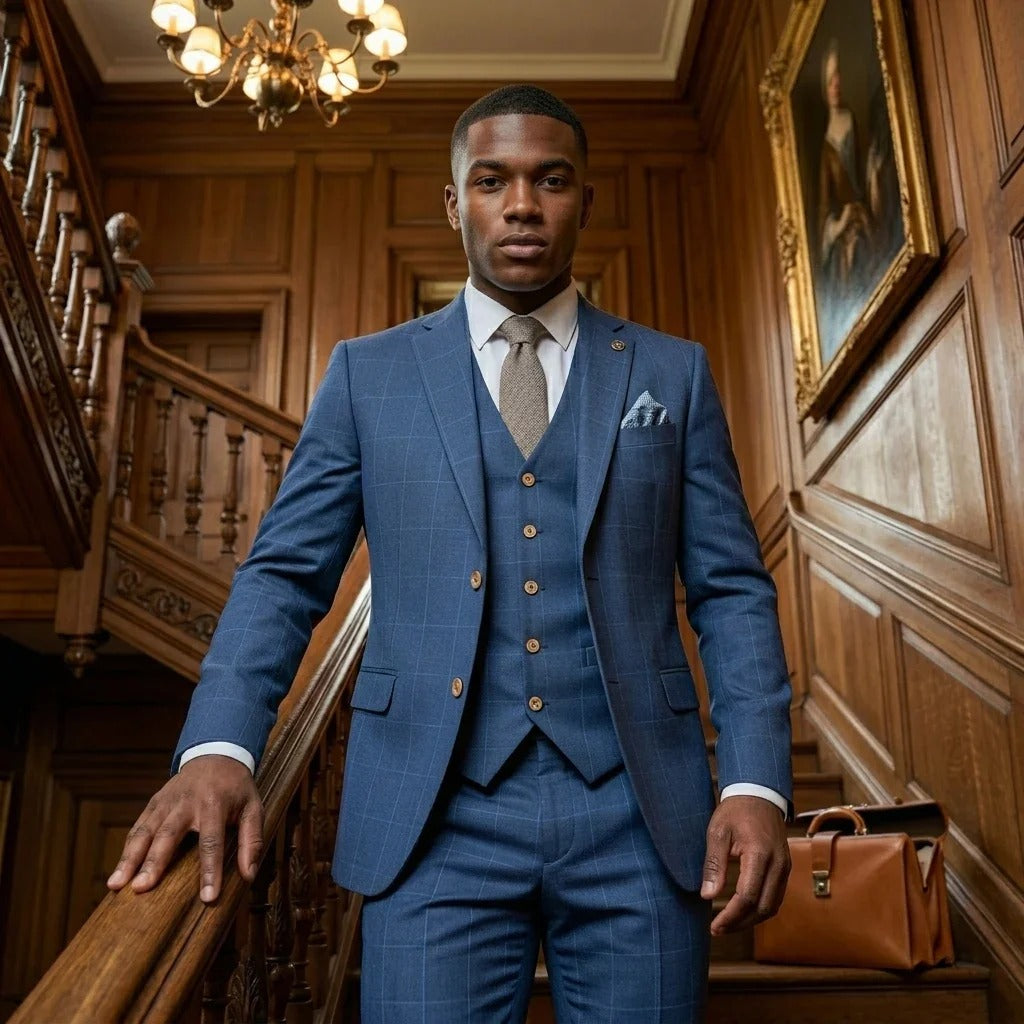 IM50 - Men's Blue Check 3 Piece Tailored Fit Suit