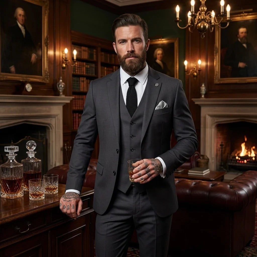 IM51 - Men's Charcoal Check 3 Piece Tailored Fit Suit