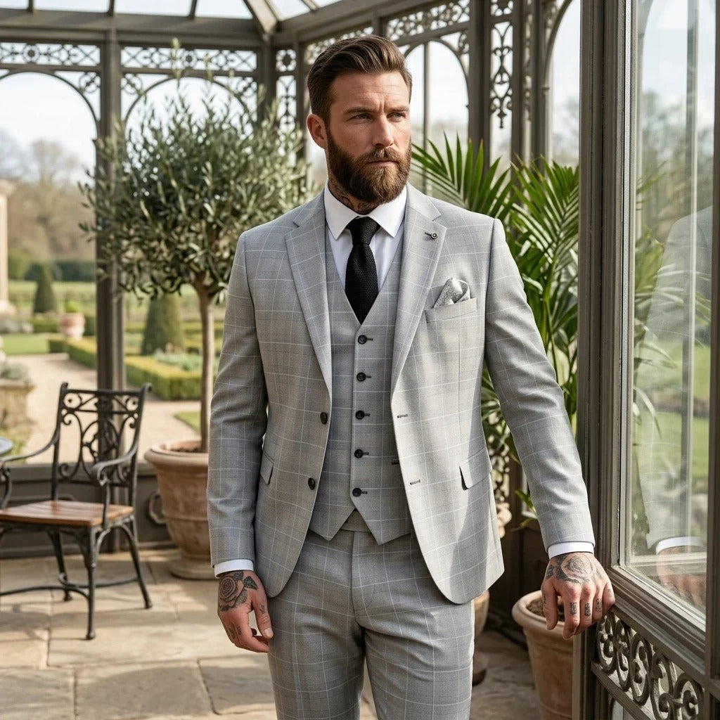 IM53 - Men's Grey Check 3 Piece Tailored Fit Suit