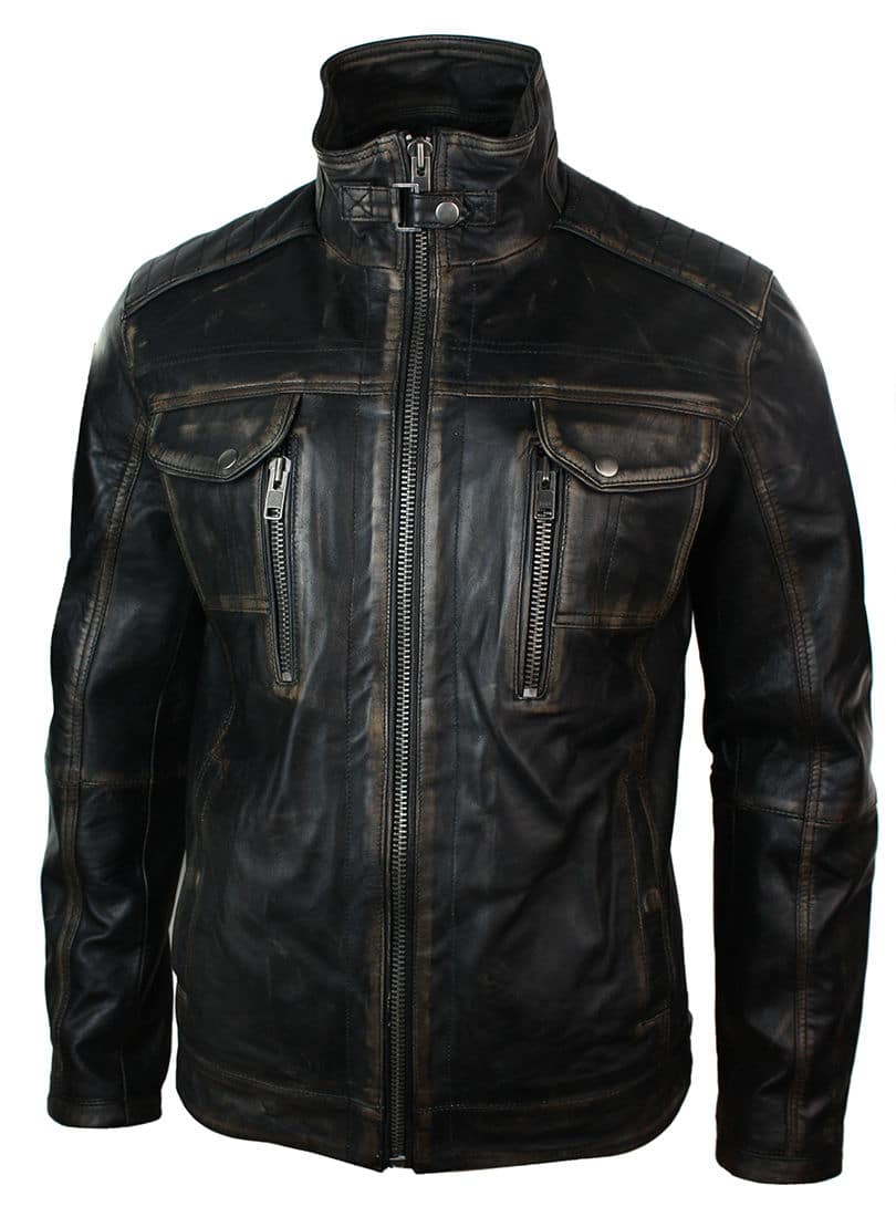 ジャケット・アウター VINTAGE WASHED LEATHER ZIP Real Washed Leather Retro Vintage Distressed Jacket Black Rub Off