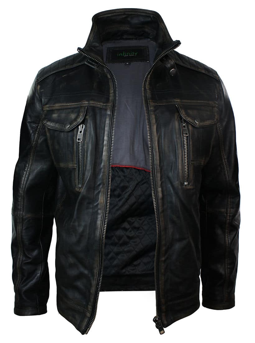 ジャケット・アウター VINTAGE WASHED LEATHER ZIP Real Washed Leather Retro Vintage Distressed Jacket Black Rub Off