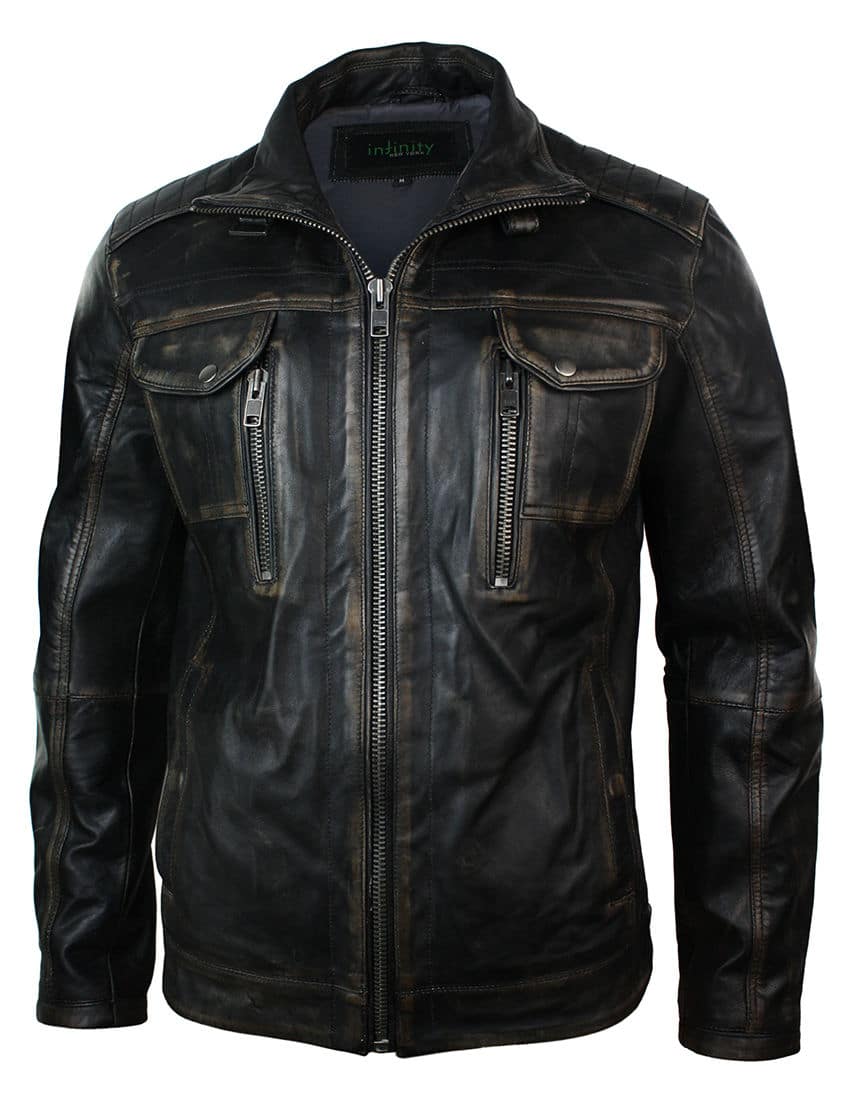Real Washed Leather Retro Vintage Distressed Jacket Black Rub Off