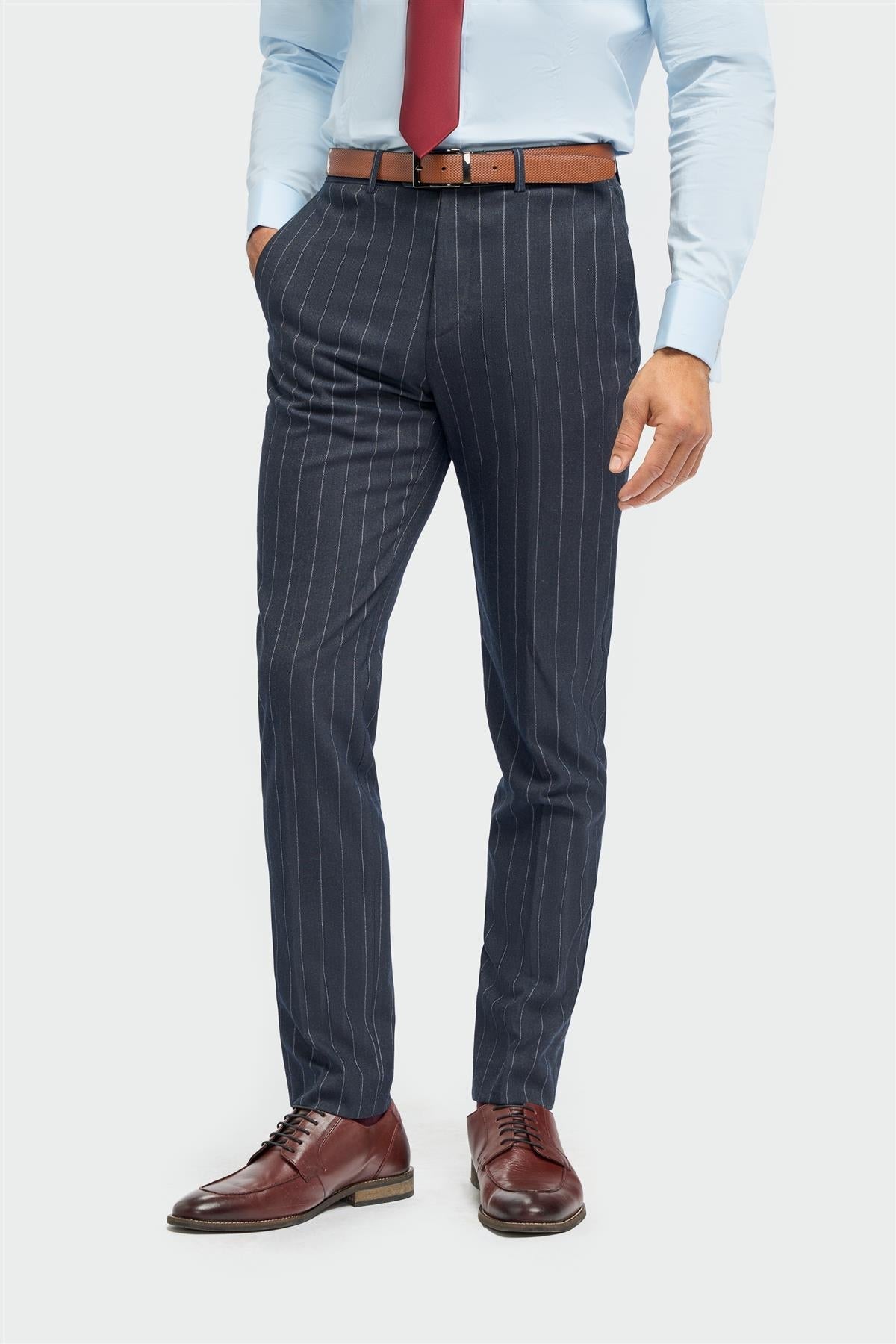 Invincible - Men's Navy Blue Pinstripe Trousers