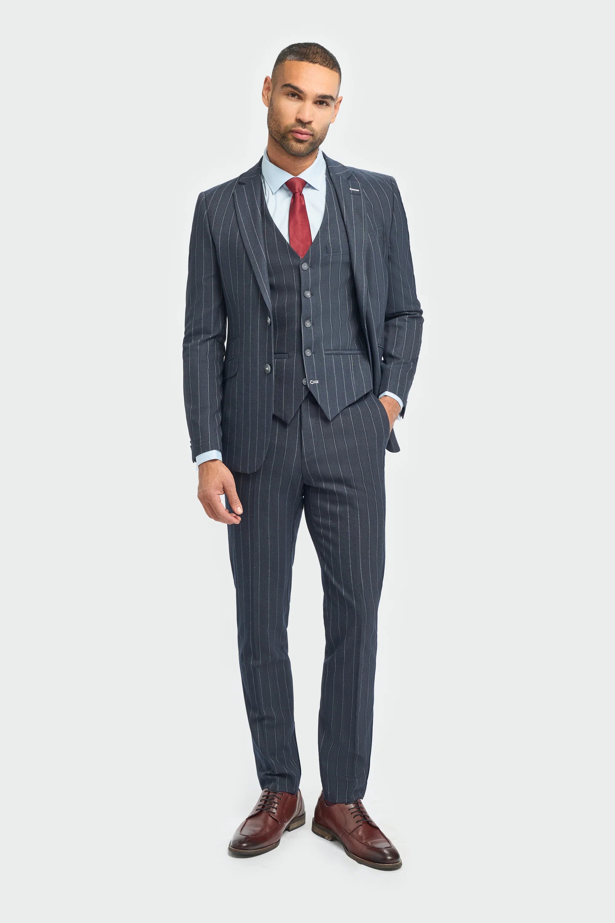 Mens 3 Piece Suit Pin Stripe Navy Classic Vintage Retro 1920s Tailored Fit Wedding