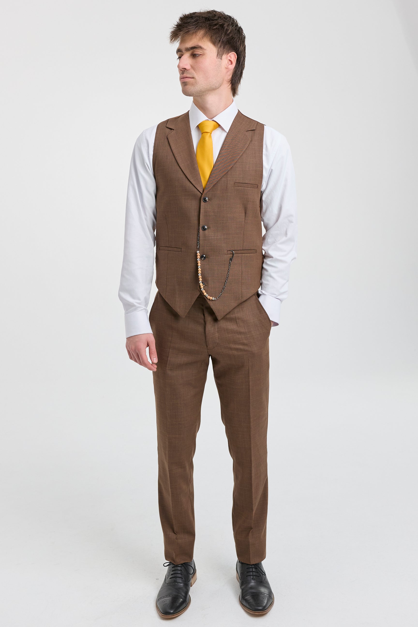 James Men's 3-Piece Plain Brown Suit with Classic Fit