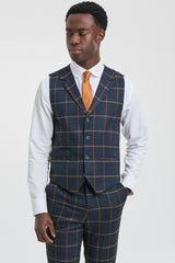 Mens Herringbone Tweed Check 3 Piece Wool Suit 1920s Vintage - Navy Blue