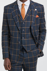 Mens Herringbone Tweed Check 3 Piece Wool Suit 1920s Vintage - Navy Blue
