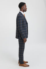 Mens Herringbone Tweed Check 3 Piece Wool Suit 1920s Vintage - Navy Blue