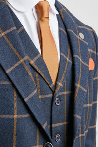 Mens Herringbone Tweed Check 3 Piece Wool Suit 1920s Vintage - Navy Blue