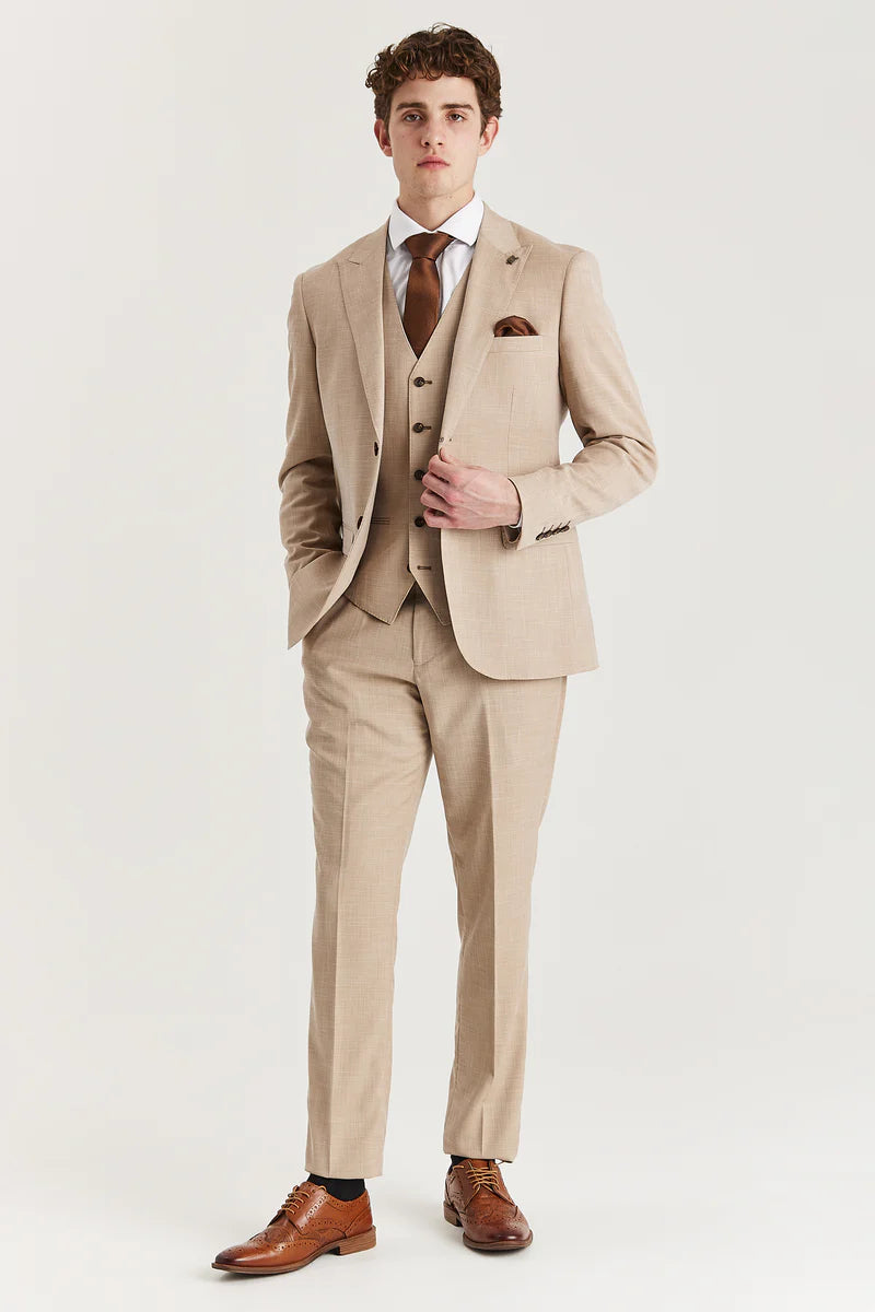 Mens Beige 3 Piece Tweed Check Suit