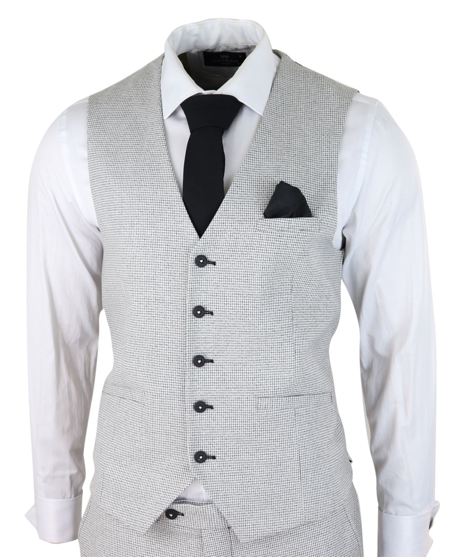 Mens 3 Piece Light Grey Black Check Suit Tailored Fit Retro