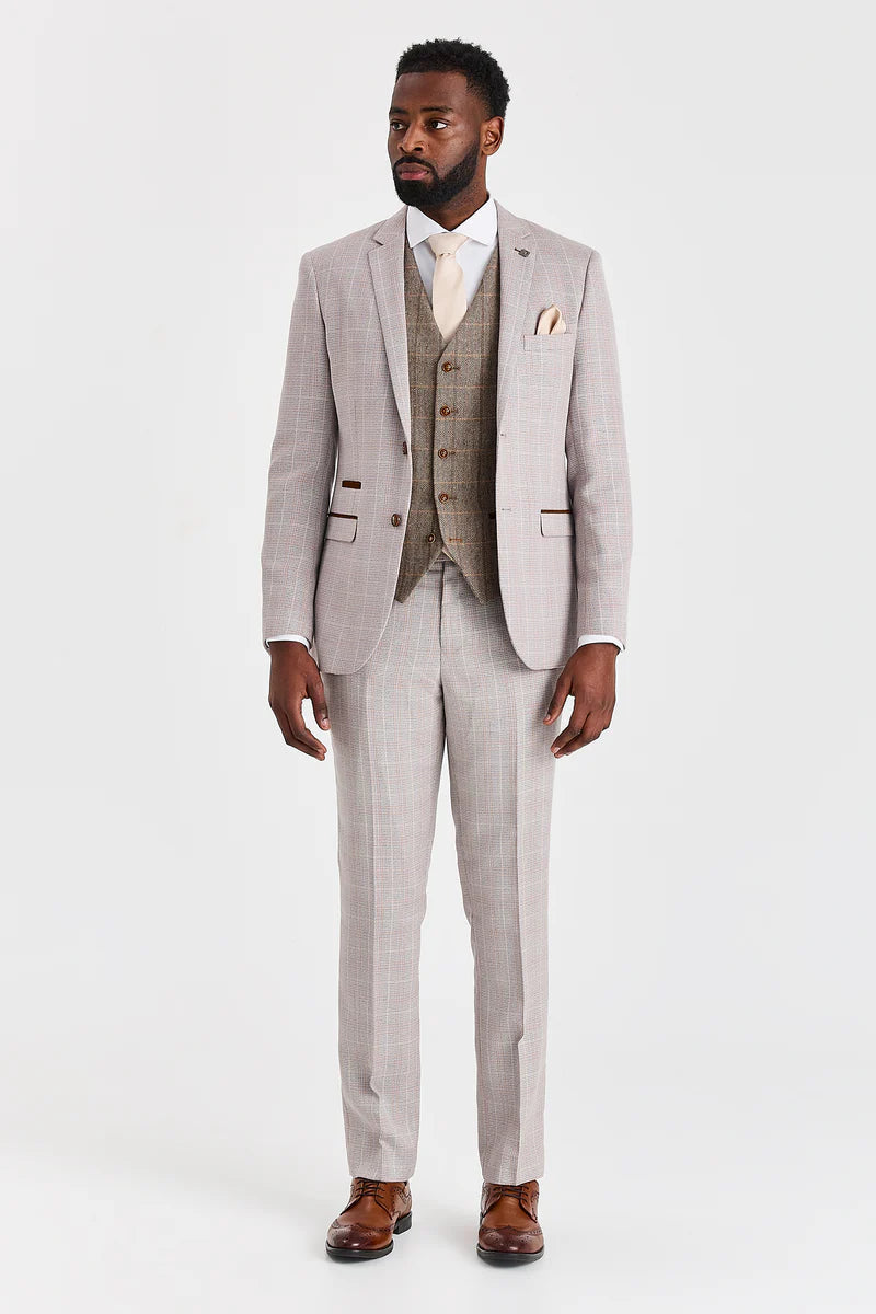 Leo Beige Suit with Harris Brown Tweed Contrasting Waistcoat
