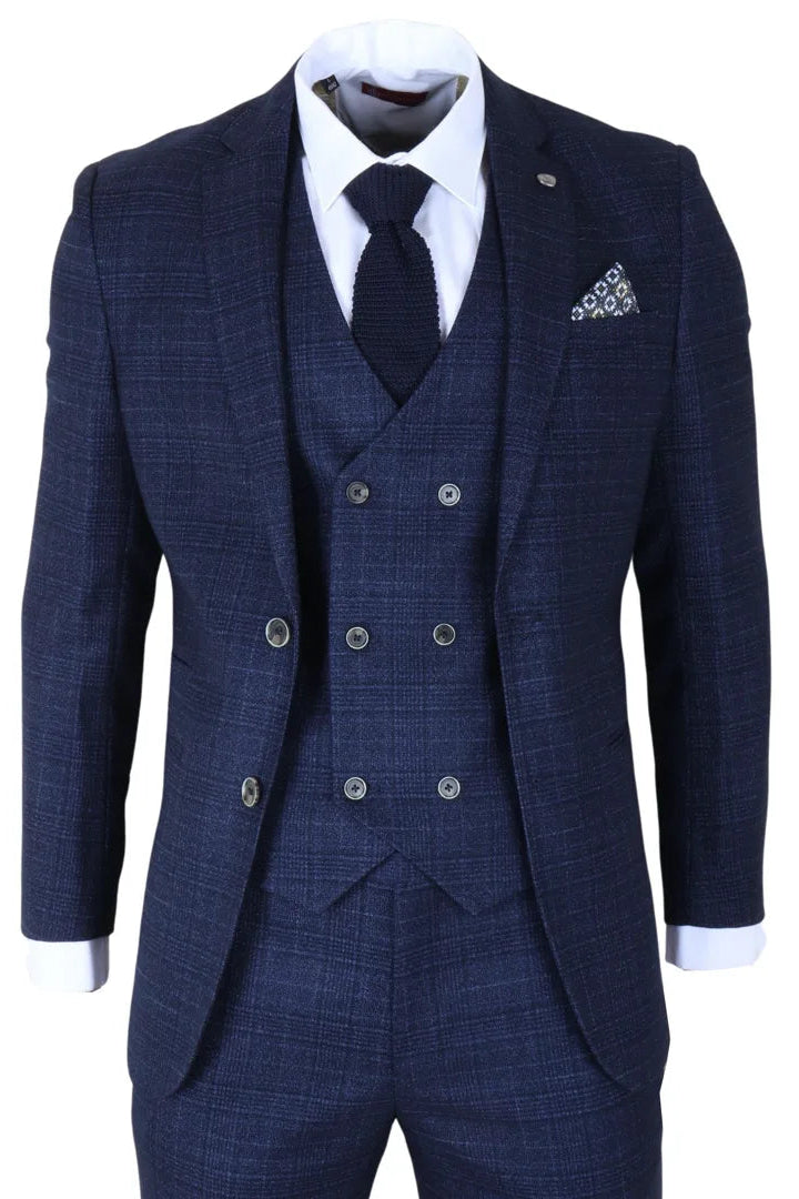 Blue checkered suit with vest and tie on a white background