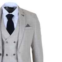 Luis - Men's Cream Plaid Check Slim Fit 3 Piece Suit