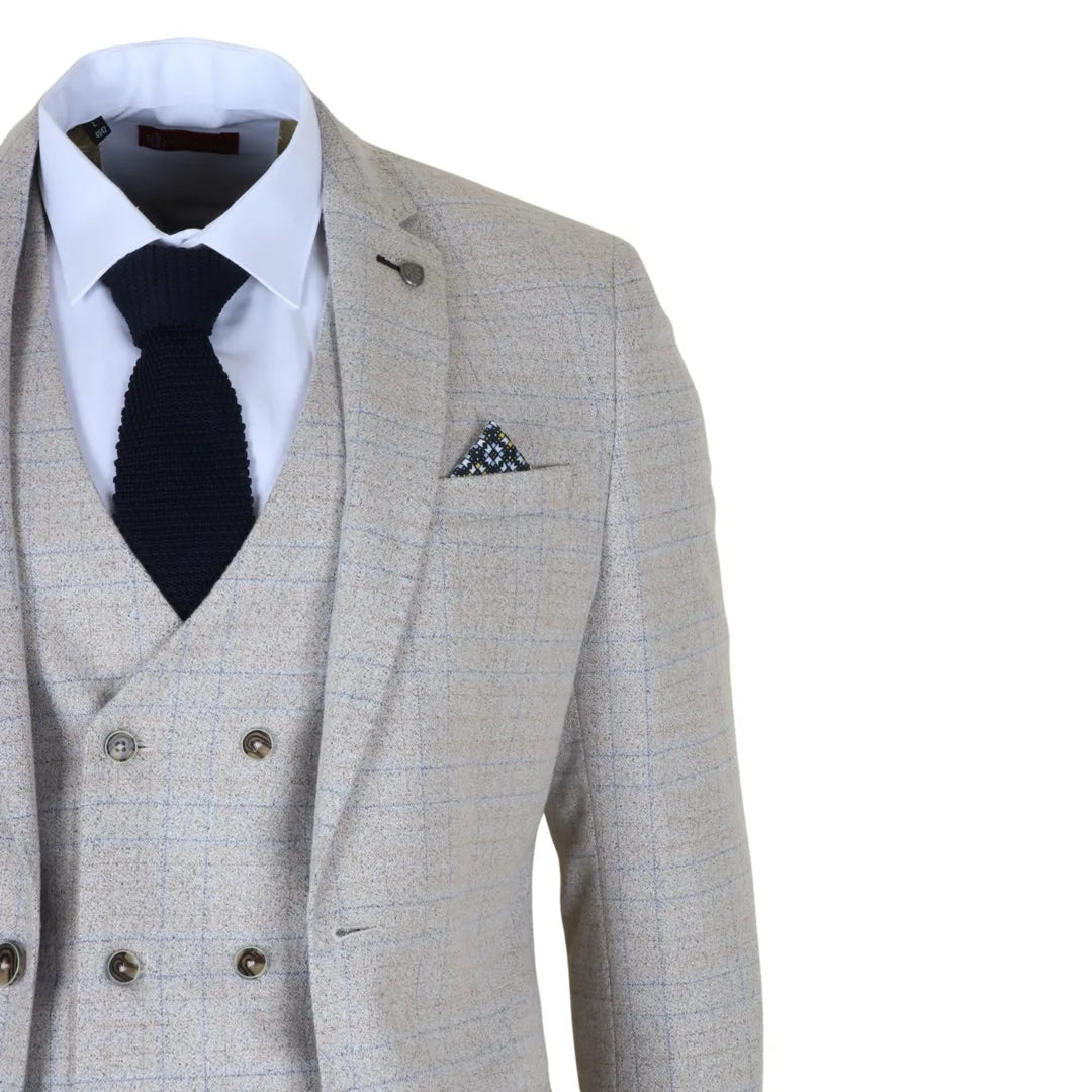 Luis - Men's Cream Plaid Check Slim Fit 3 Piece Suit