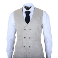 Luis - Men's Cream Plaid Check Slim Fit 3 Piece Suit
