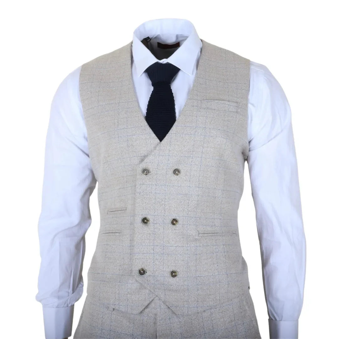 Luis - Men's Cream Plaid Check Slim Fit 3 Piece Suit