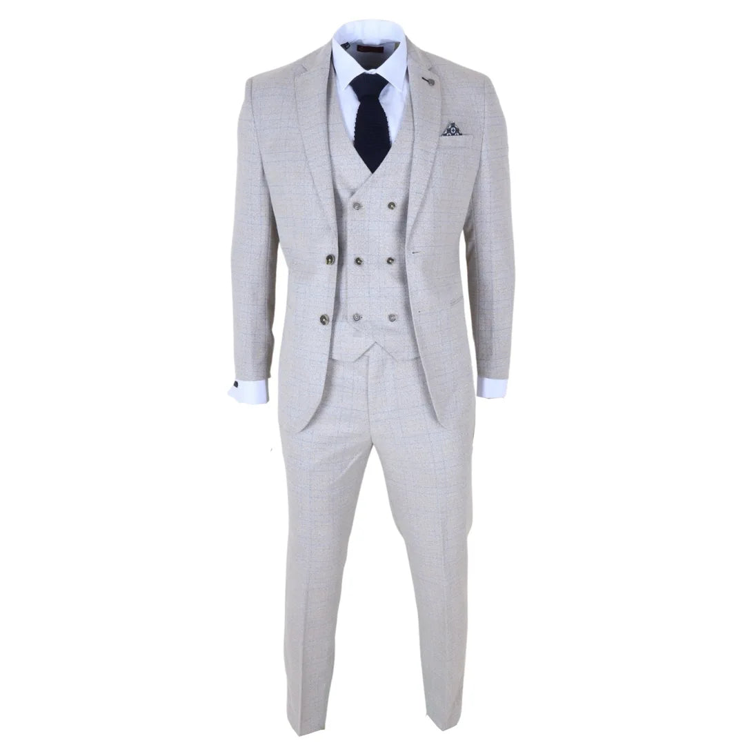 Luis - Men's Cream Plaid Check Slim Fit 3 Piece Suit