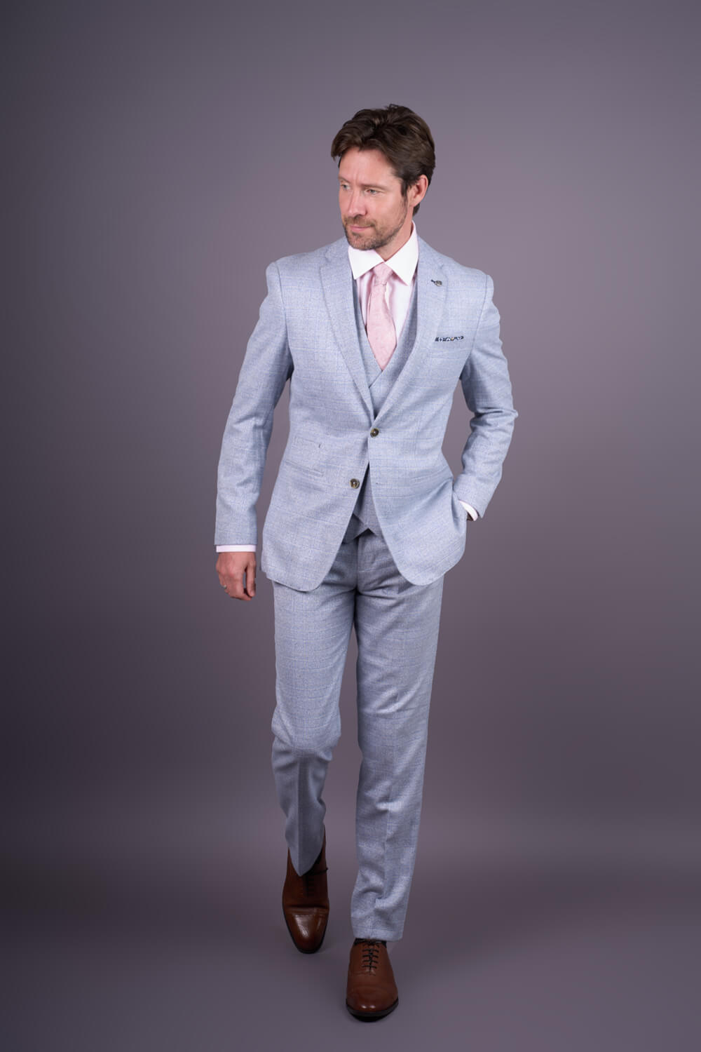 Luis - Men's Light Blue Plaid Check Slim Fit 3 Piece Suit