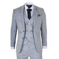 Gray checkered suit with white shirt, black tie, and pocket square on a white background