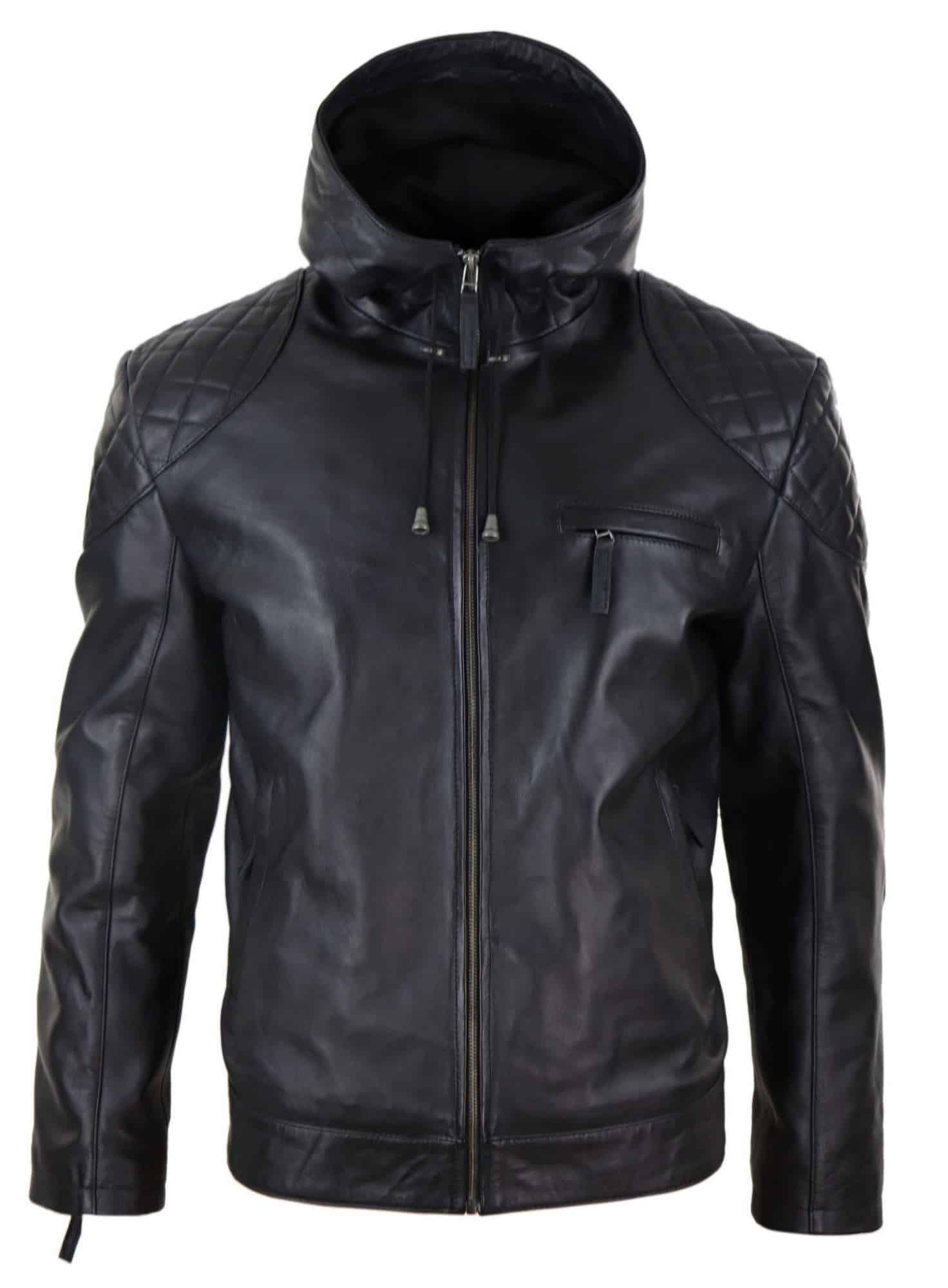 Men's Black Premium Leather Hoodie Handmade Genuine