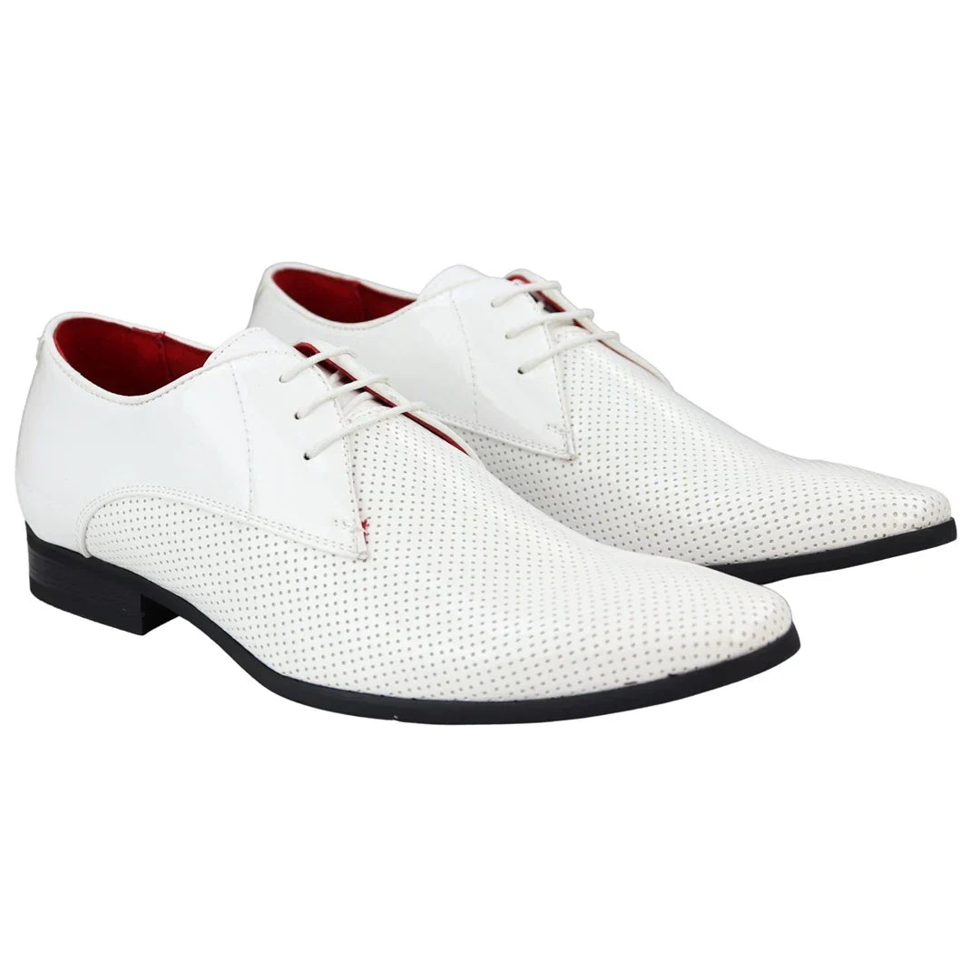 Mens Shoes Smart Formal Perforated Pointed Laced White Patent Leather PU Mens Shoes Smart Formal Perforated Pointed Laced White Patent Leather PU