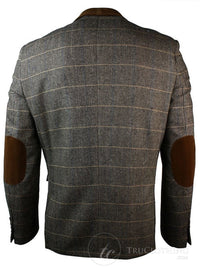 Mens Check Vintage Herringbone Tweed Grey Charcoal Blazer Jacket Fitted-Tan