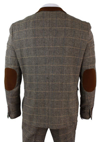 Mens Check Vintage Herringbone Tweed Tan 3 Piece Suit Slim Fit Wedding