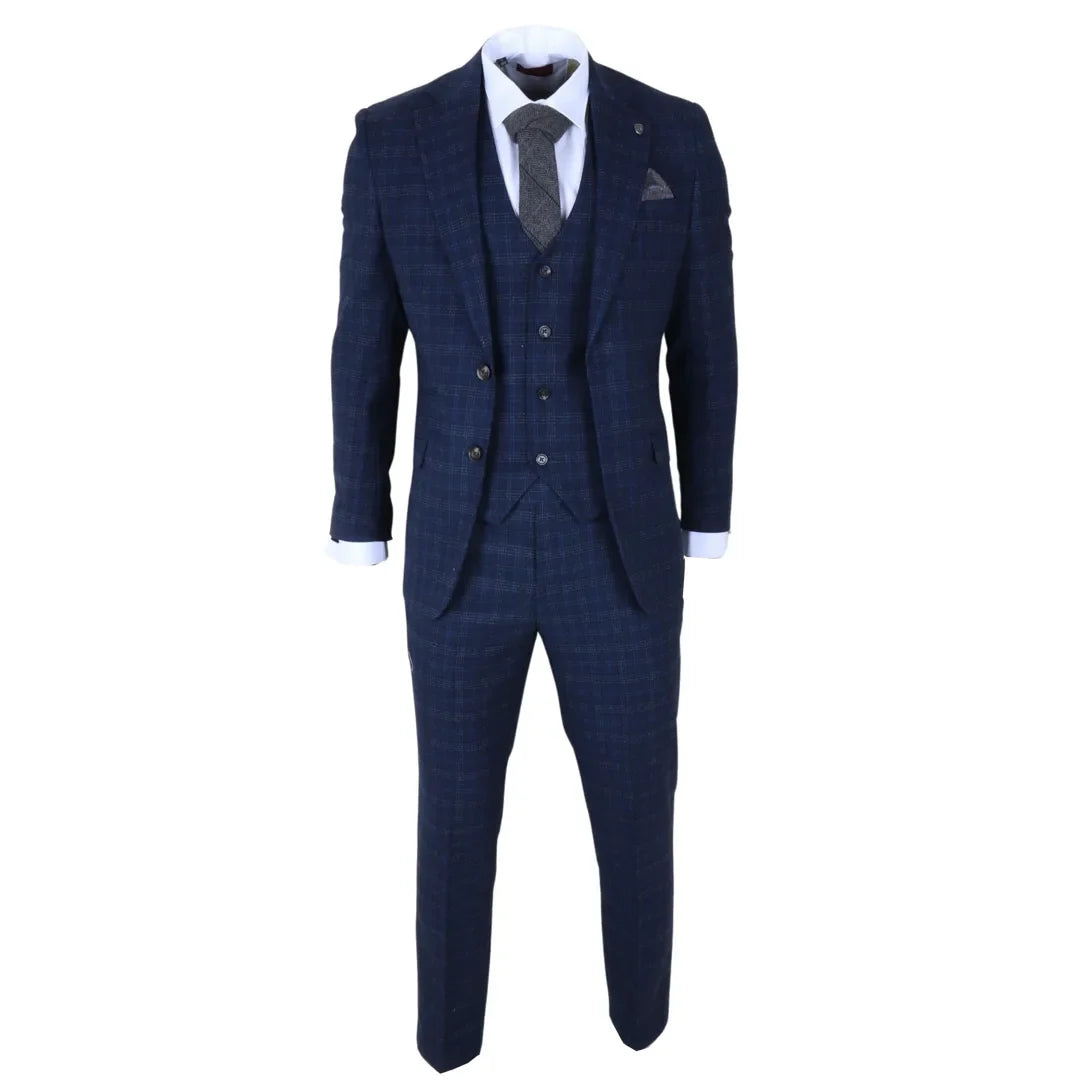 Marcos - Men's Navy Blue Plaid Check Slim Fit 3 Piece Suit