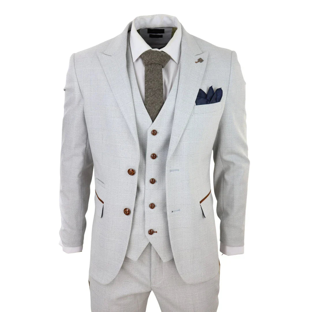 Mark Men's Grey Stone 3-Piece Tweed Check Suit with Brown Trim for Weddings and Proms