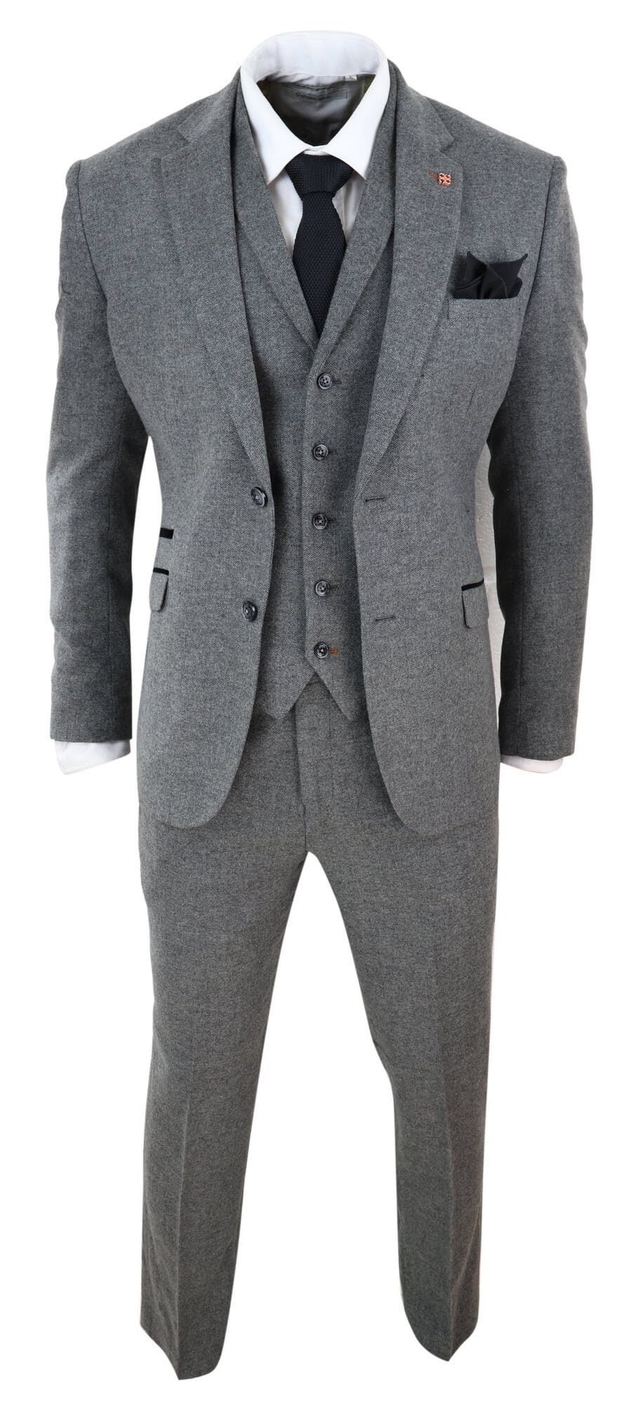 Mens Dark Grey Herringbone Tweed 3 Piece Suit: Buy Online - Happy Gentleman
