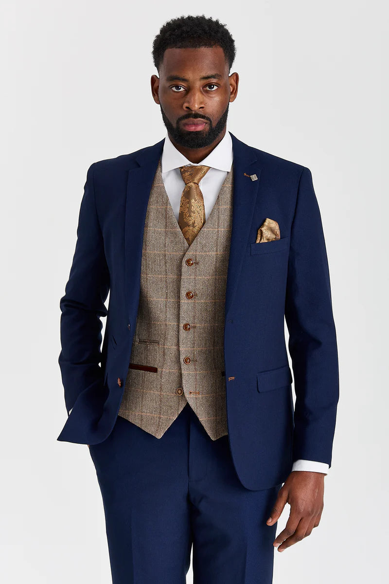 Mayfair Navy Textured Suit with Harris Brown Tweed Constrasting Waistcoat