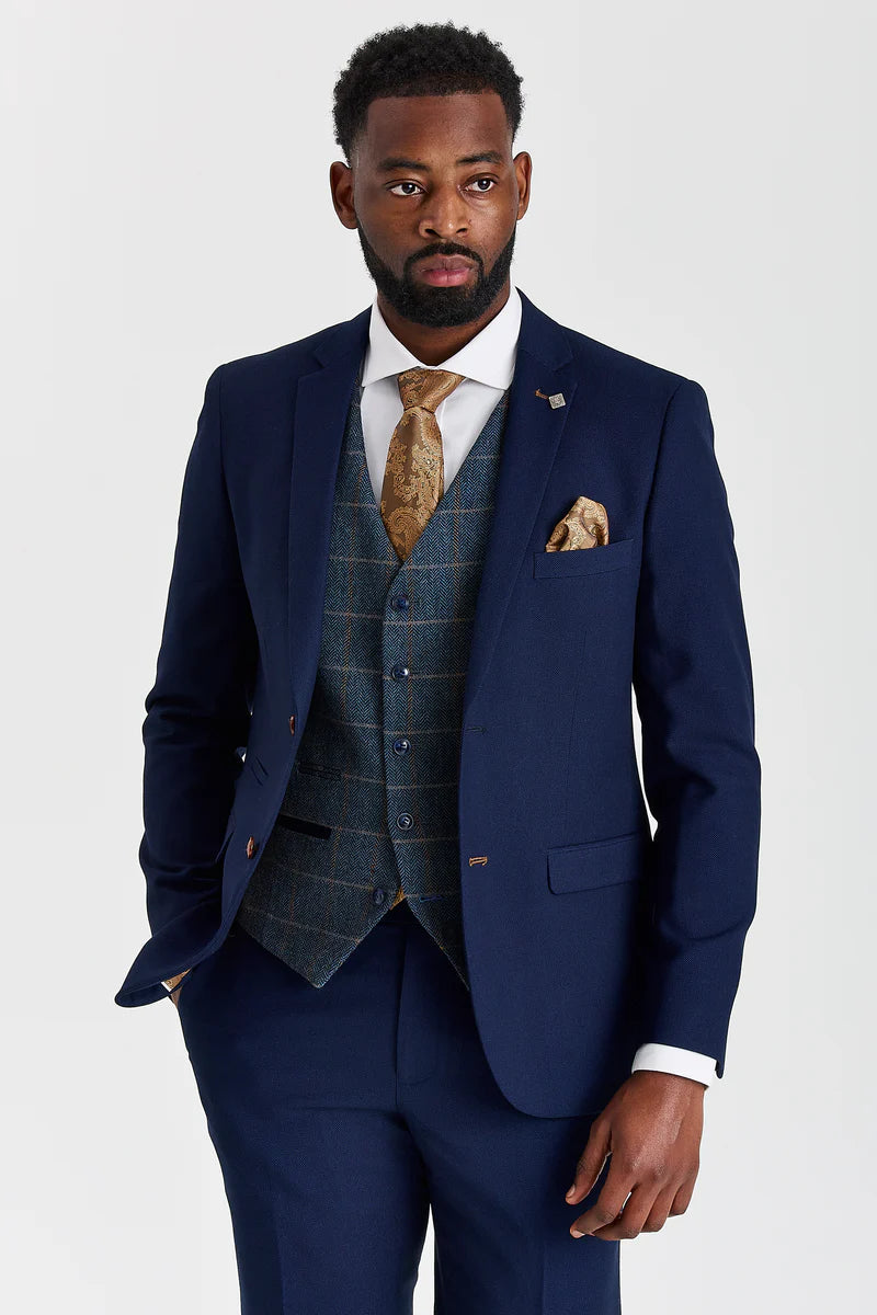 Mayfair Navy Textured Suit with Harris Navy Constrasting Tweed Waistcoat