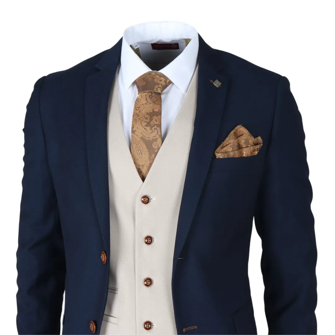 Mayfair - Men's 3 Piece Navy Suit With Cream Waistcoat: Buy Online - Happy Gentleman Mayfair - Men's 3 Piece Navy Suit With Cream Waistcoat: Buy Online - Happy Gentleman