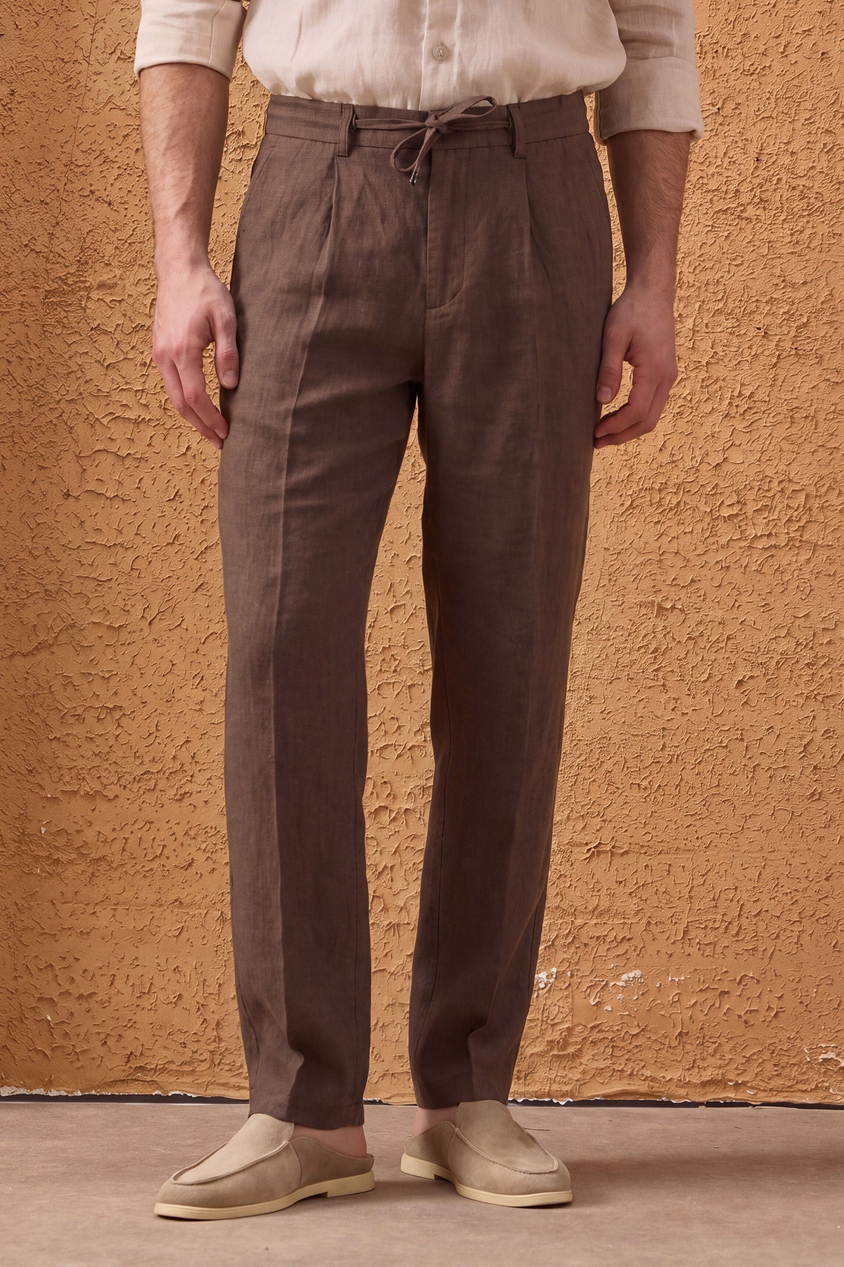 Men’s Beige Zip Linen Jacket & Brown Trousers Set Smart Casual Summer Outfit