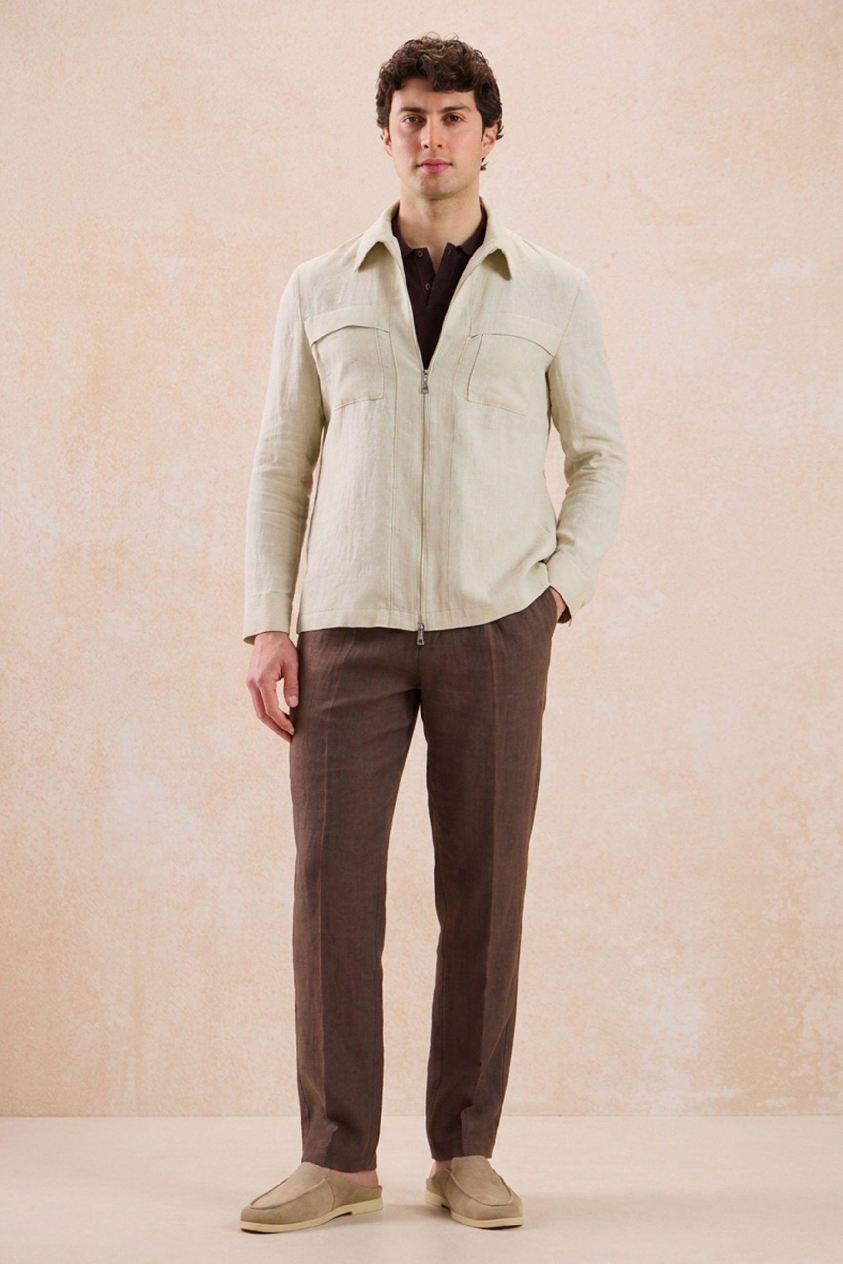 Men’s Beige Zip Linen Jacket & Brown Trousers Set Smart Casual Summer Outfit
