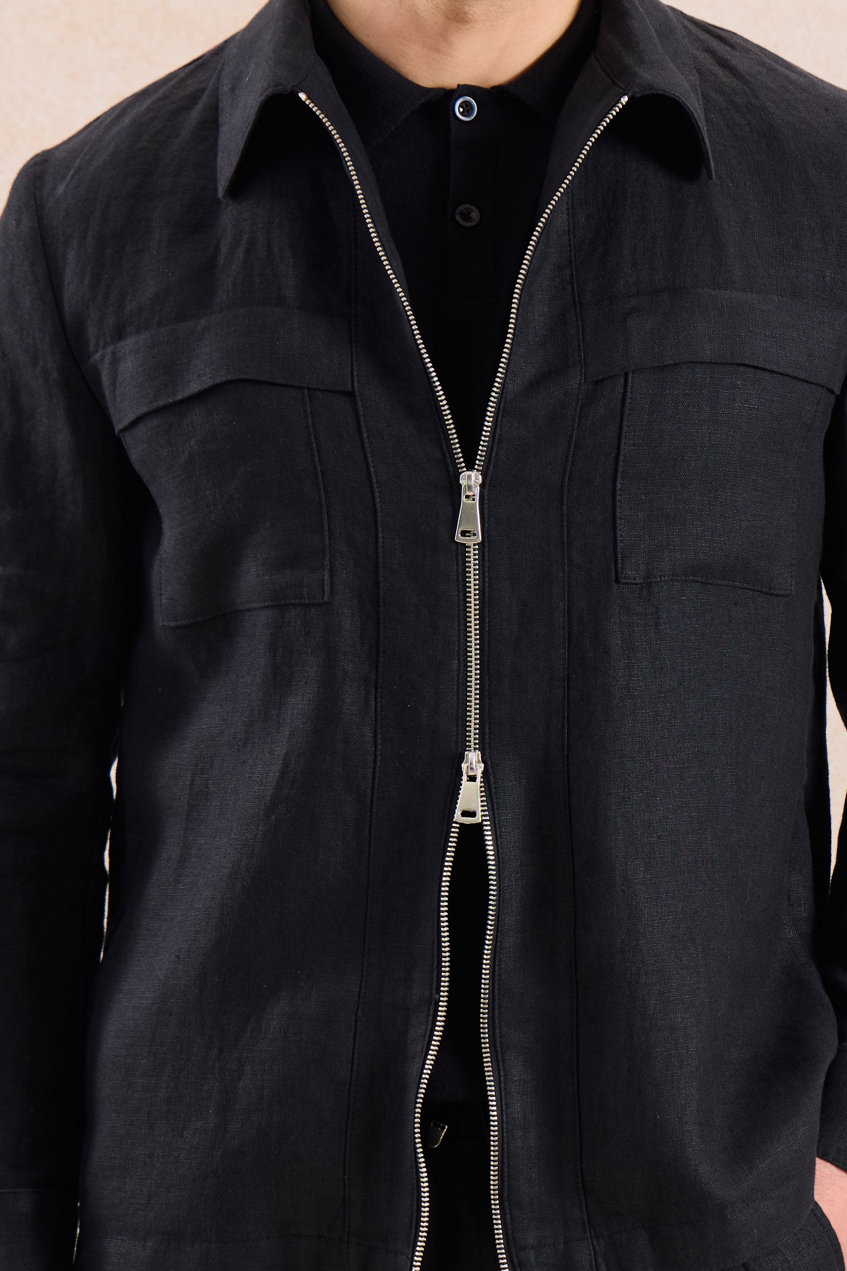 Men’s Black Zip Linen Jacket & Beige Trousers Set Smart Casual Summer Outfit