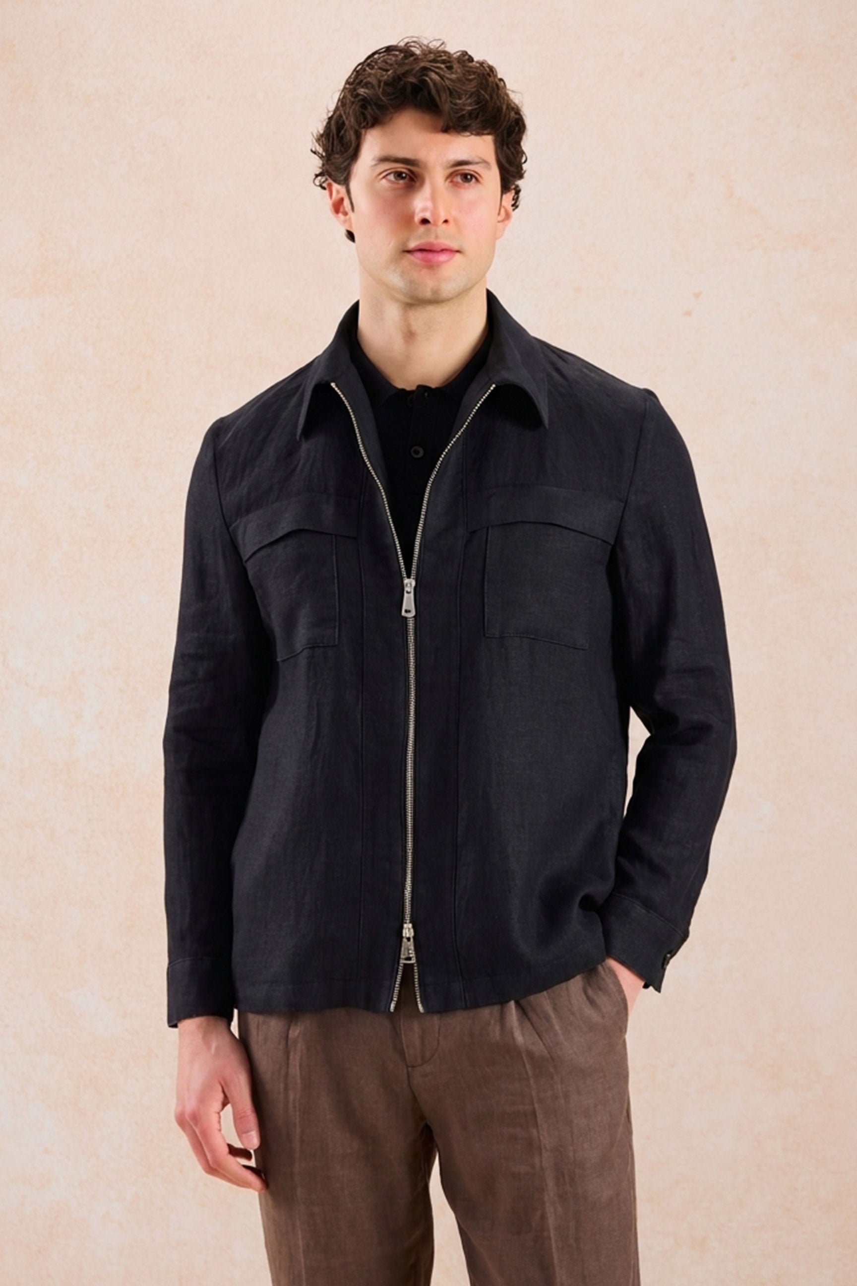 Men's black linen zip jacket and brown trousers smart-casual set