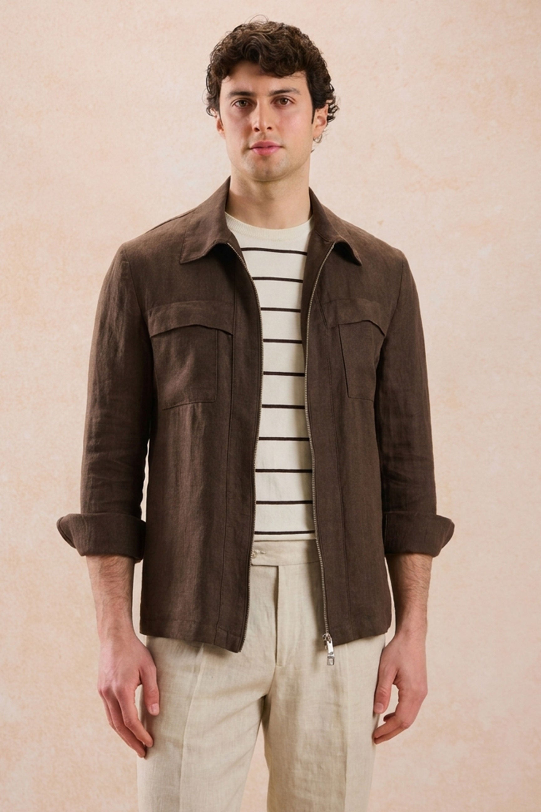 Men's Brown Zip Linen Jacket & Beige Trousers Set - Summer Outfit