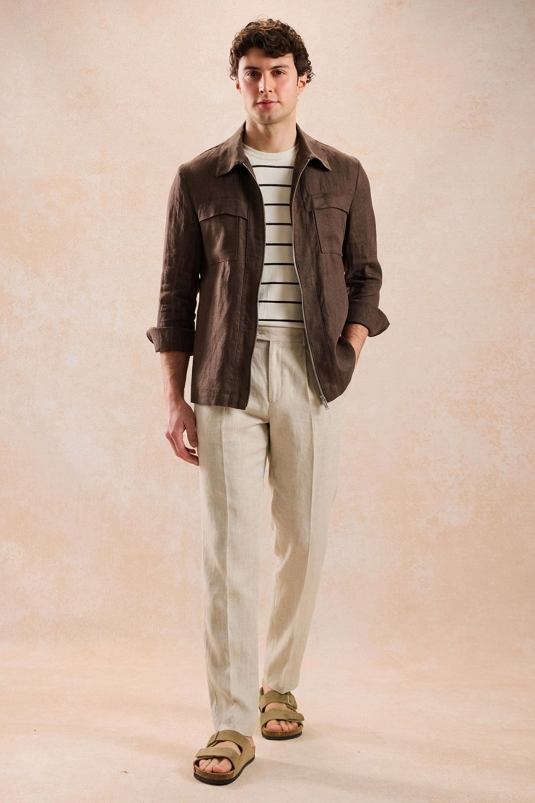 Men's Brown Zip Linen Jacket & Beige Trousers Set - Summer Outfit