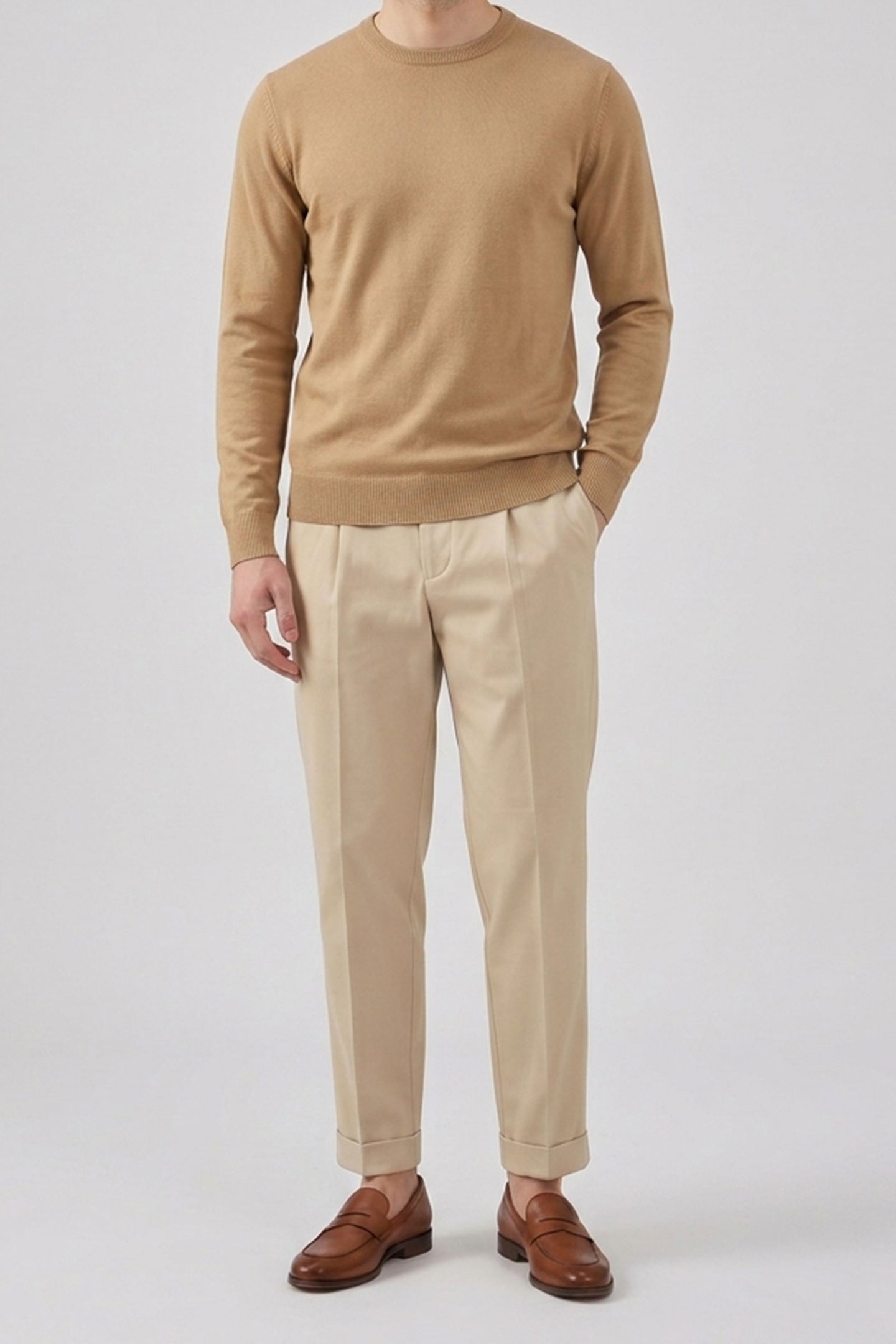 Men’s Camel Brown Crew Neck Jumper Regular Fit Knitted Pullover