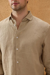 Men’s Dark Beige Pure Linen Shirt Long Sleeve Button-Down Summer Shirt