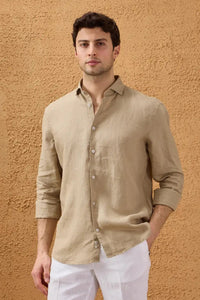 Men’s Dark Beige Pure Linen Shirt Long Sleeve Button-Down Summer Shirt