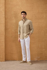 Men’s Dark Beige Pure Linen Shirt Long Sleeve Button-Down Summer Shirt