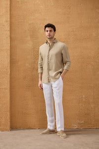 Men’s Dark Beige Pure Linen Shirt Long Sleeve Button-Down Summer Shirt