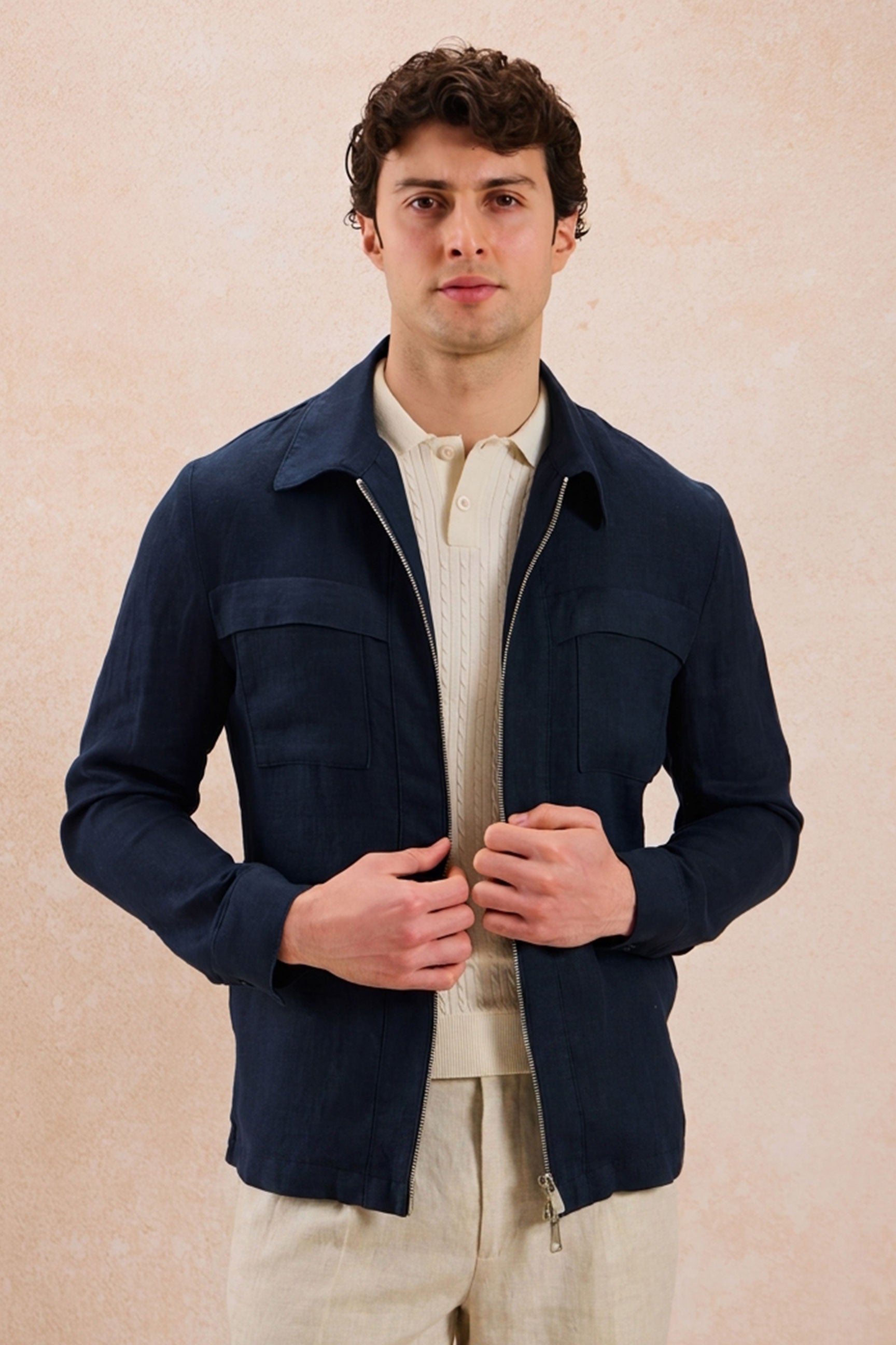 ジャケット・アウター SEVEN BY SEVEN linen jacket set up Men's Navy Linen Zip Jacket & Beige Trousers Summer Set | Happy