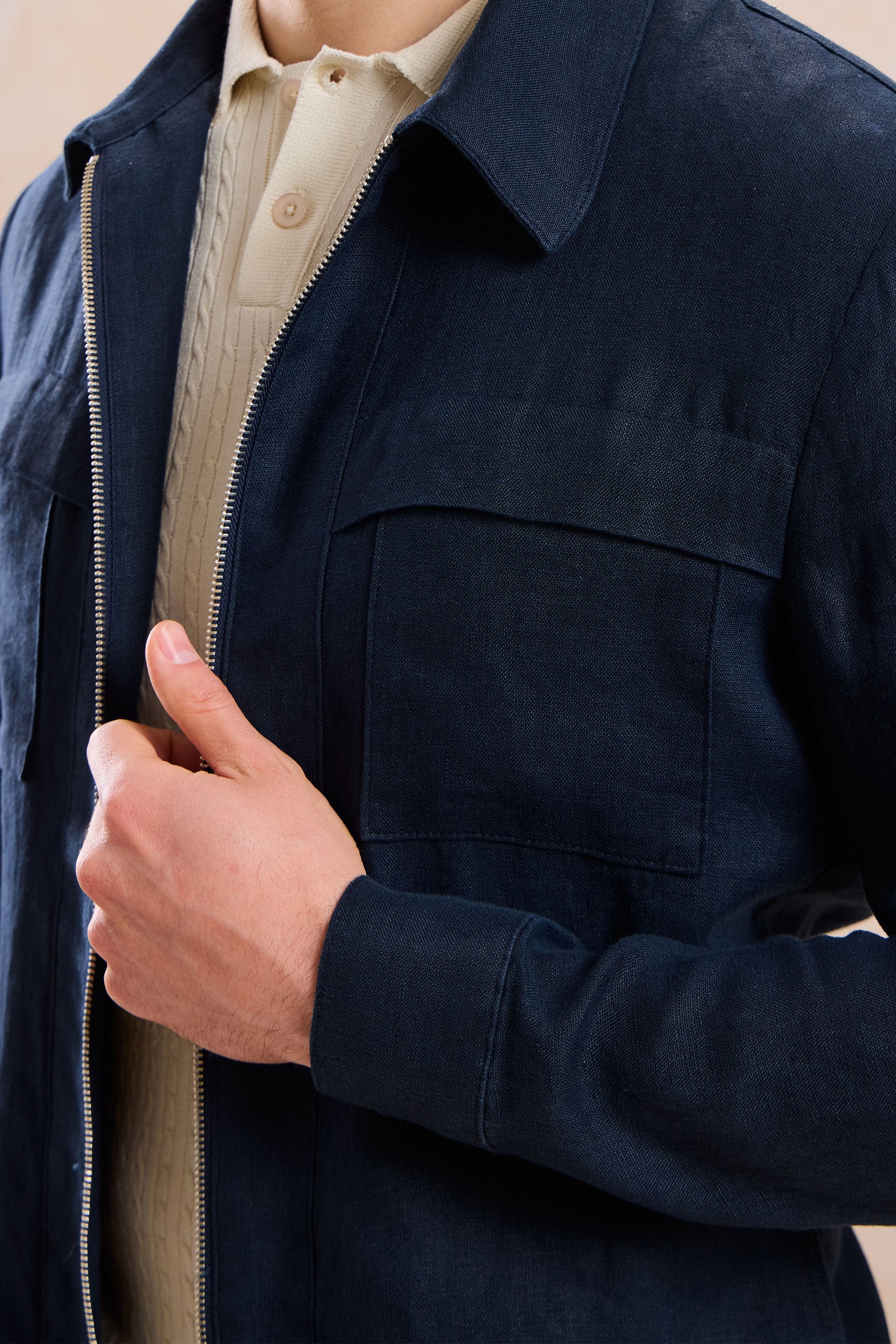 Men's Navy Linen Zip Jacket & Beige Trousers Summer Set | Happy