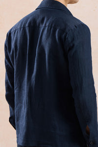 Men’s Navy Zip Linen Jacket & Beige Trousers Set Smart Casual Summer Outfit