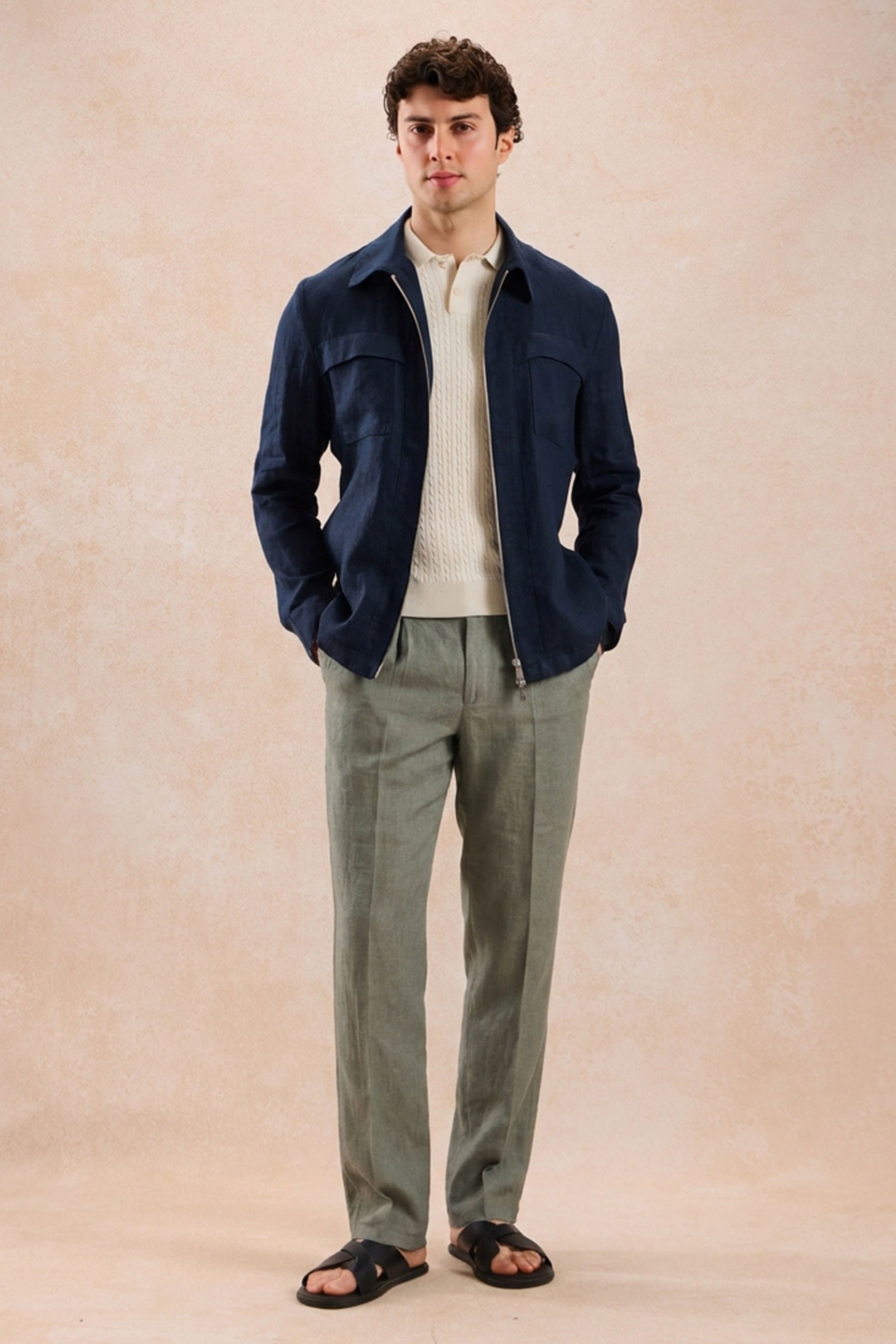 Men's Navy Linen Zip Jacket & Sage Trousers Set | Happy Gentleman